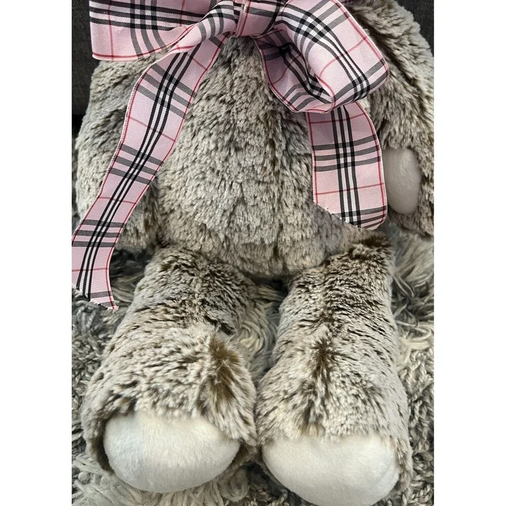 Pottery Barn Kids Gray Plush  Bunny Rabbit Stuffed Animal Pink Plaid Bow Easter